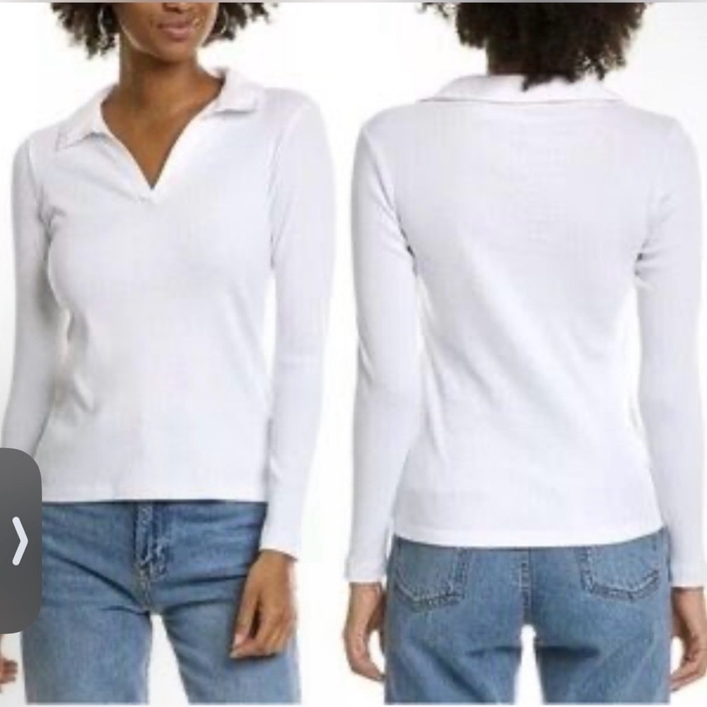 James Perse Ribbed Long-Sleeve Polo Top – White – Size 3 (Large)
